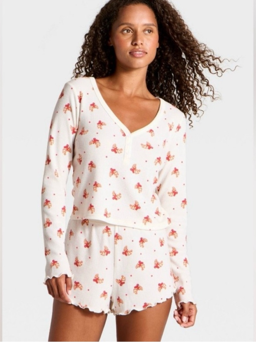 NWT Croissant Print Women's Thermal Knit 2 Piece Pajama Sleepwear Set Size M